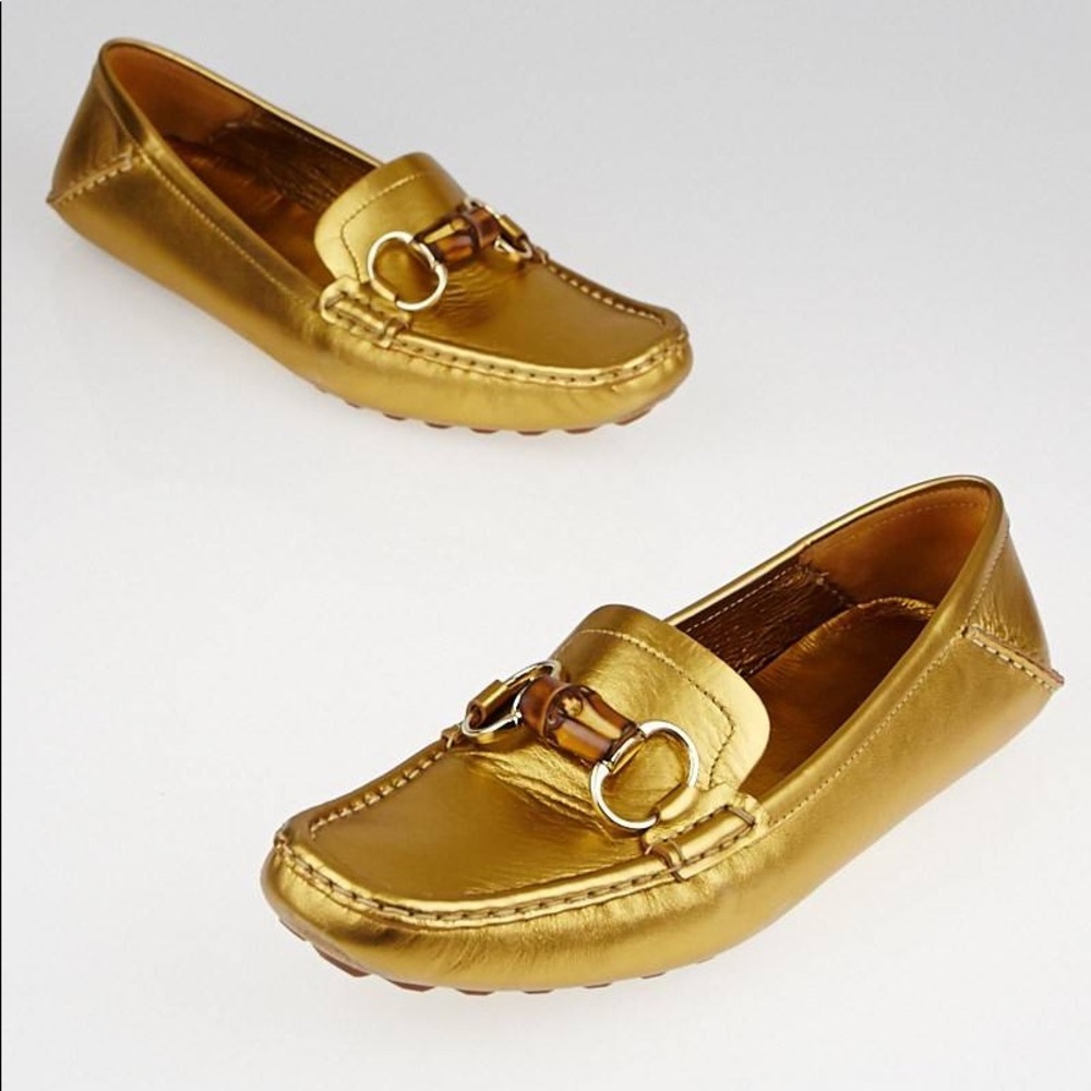 GUCCI
Gold Leather Horsebit Bamboo Driving Loafers